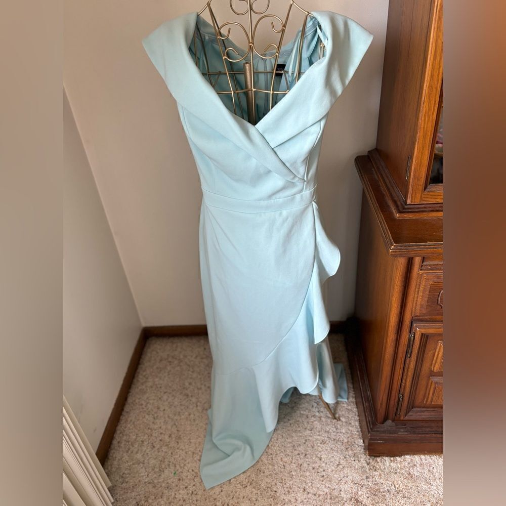 Xscape Light Blue Off Shoulder Ruffle Formal Gown Plus Size 16 Evening